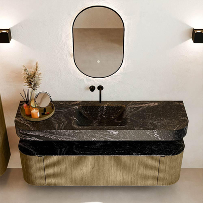 MONDIAZ THOR-DLUX 160cm meuble de salle de bains arrondi gauche + droite couleur Dusk avec 1 tiroir et 2 portes. Vasque suspendue CLOUD Centre sans trou de robinet couleur Lava.