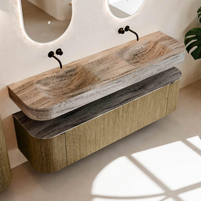 MONDIAZ THOR-DLUX Meuble de salle de bains - 170cm - arrondi gauche + droite - couleur Dusk - 1 tiroir - 2 portes - Vasque suspendue CLOUD Double sans trou de robinet - couleur Oza