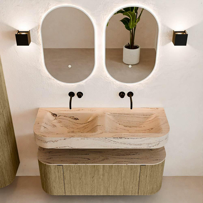 MONDIAZ THOR-DLUX 120cm meuble de salle de bains arrondi gauche + droite couleur Dusk avec 1 tiroir et 2 portes. Vasque suspendue CLOUD Double sans trou de robinet couleur Arena.