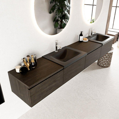 MONDIAZ BUKLA 240cm badmeubel met module 60 links kleur Dark Brown met 4 lades. Wastafel CLOUD dubbel 2 kraangaten kleur Urban.