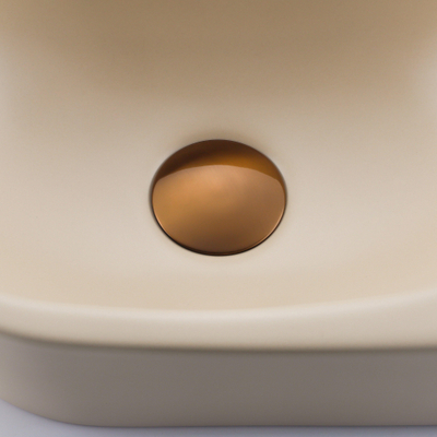 Fugaflow Efficiente Pietra Ensemble de fontaine - 40x21,5x12cm - droite - lisse - demi-ronde - 1 trou de robinet - céramique - robinet de fontaine cuivre brossé - bouchon de vidange - siphon abaissé - beige