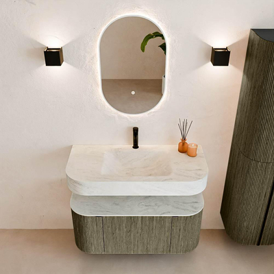 MONDIAZ THOR-DLUX Meuble de salle de bains - 100cm - arrondi gauche + droite - couleur Shadow - 1 tiroir - 2 portes - Vasque suspendue CLOUD Milieu 1 trou de robinet couleur Opalo