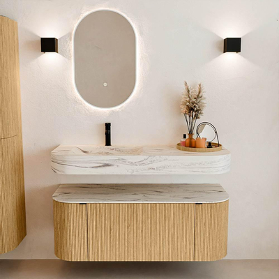 MONDIAZ THOR-DLUX 120cm badmeubel ronding links + rechts kleur Oak met 1 lade en 2 deuren. Vrijhangende wastafel CLOUD Links 1 kraangat kleur Nata.