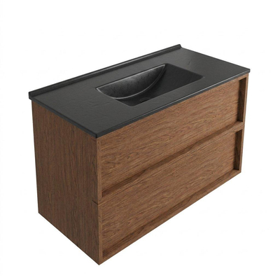 Saniclass Holz Frame Ensemble meuble de salle de bains - 100x45x62cm - Vygo lavabo en céramique noir - 1 vasque - sans trou de robinetterie - 2 tiroirs - mat walnut pure (bois)