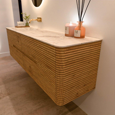 Mondiaz CIRO-DLUX Meuble de salle de bains ensemble - 170x45x50cm - plan vasque Solid surface Frappe - 1 lavabo à gauche - sans trous de robinetterie - 4 tiroirs - Chêne