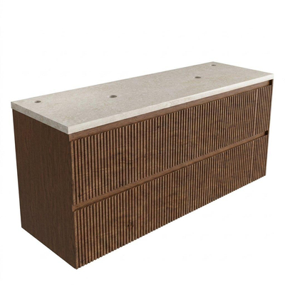 Saniclass Holz Atelier Ensemble de meubles de salle de bains - 140x45x63cm - Plan de travail en pierre naturelle travertin - 2 trous de robinet - 4 tiroirs - walnut pure mat (bois)