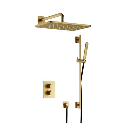 Hotbath Gal IBS40A Doucheset - inbouw - 27cm rechthoekige hoofddouche - wandarm 35cm - staafhanddouche - met glijstang - messing geborsteld PVD