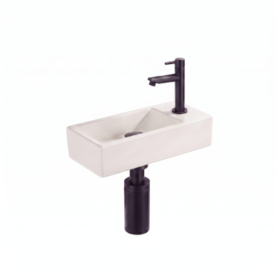 Saniclass Fuente Fonteinset - 40x22x10cm - solid surface off-white - afvoerplug - fonteinkraan - sifon - zwart