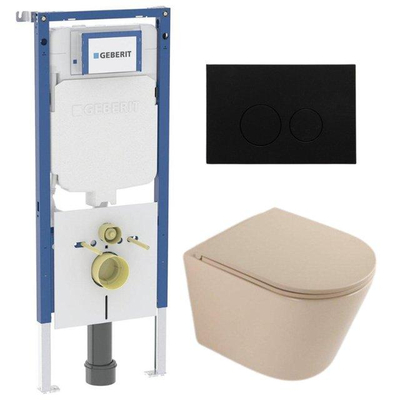 QeramiQ Dely Toiletset - 36.3x51.7cm - diepspoel - rimless - Geberit UP720 inbouwreservoir - softclose toilet zitting - kunststof mat zwarte bedieningsplaat - ronde knoppen - mat beige