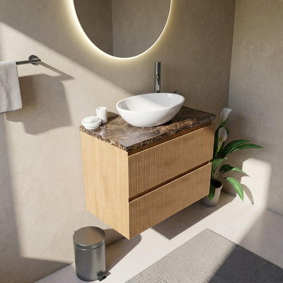 Saniclass Holz Atelier Ensemble de meubles de salle de bains - 80x45x63cm - Plan de travail en pierre naturelle Noche dark emperador - 1 trou de robinetterie - 2 tiroirs - chêne naturel mat (bois)