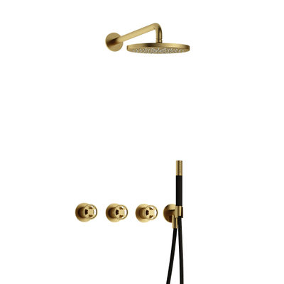 Hotbath Cobber @Work Regendoucheset - inbouw - 38.5cm wandarm - 20cm ronde hoofddouche - staafhanddouche - Geborsteld messing PVD