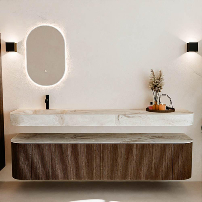 MONDIAZ THOR-DLUX 200cm meuble de salle de bains arrondi gauche + droite couleur Walnut avec 2 tiroirs et 2 portes. Vasque suspendue CLOUD Gauche 1 trou de robinet couleur Frappe.