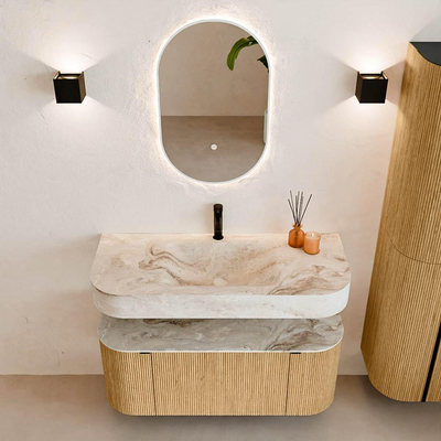MONDIAZ THOR-DLUX 110cm badmeubel ronding links + rechts kleur Oak met 1 lade en 2 deuren. Vrijhangende wastafel CLOUD Midden 1 kraangat kleur Frappe.