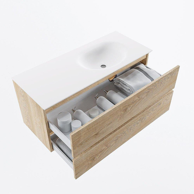 Mondiaz VICA Ensemble de meuble de salle de bain - 110cm - meuble sous-vasque chêne blanchi - 2 tiroirs - lavabo moon droite - sans trous de robinet - version haute 60cm - talc