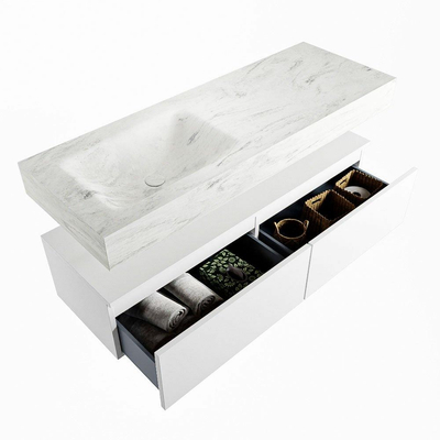 Mondiaz ALAN-DLUX Ensemble de meuble - 130cm - meuble Talc mat - 2 tiroirs - Lavabo Cloud Opalo suspendu - vasque Gauche - 1 trou de robinet