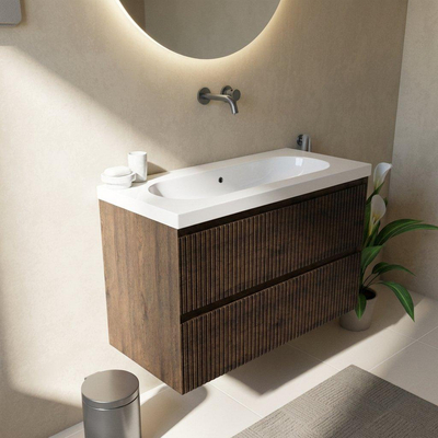 Saniclass Holz Atelier Ensemble de meubles de salle de bains - 100x45x63.5cm - lavabo Palermo en céramique blanc - 1 vasque - sans trou de robinet - 2 tiroirs - chêne charcoal mat (bois)