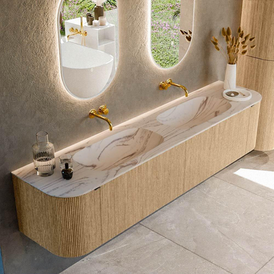 MONDIAZ KURVE-DLUX Meuble de salle de bains 200cm arrondi Gauche + Droite couleur Chêne avec 2 tiroirs et 2 portes. Lavabo STOR SMALL Double sans trou de robinet Nata.