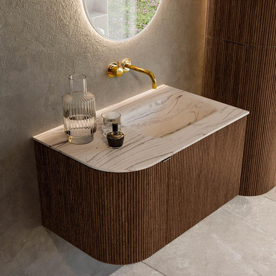MONDIAZ KURVE-DLUX 75cm badmeubel ronding Links kleur Walnut met 1 lade en 1 deur. Wastafel GRUNNE Rechts zonder kraangat Nata.