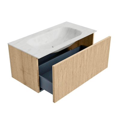 MONDIAZ KURVE-DLUX 90cm Meuble salle de bain - couleur Oak - 1 tiroir - vasque BIG SMALL centre - sans trou de robinet - couleur Opalo