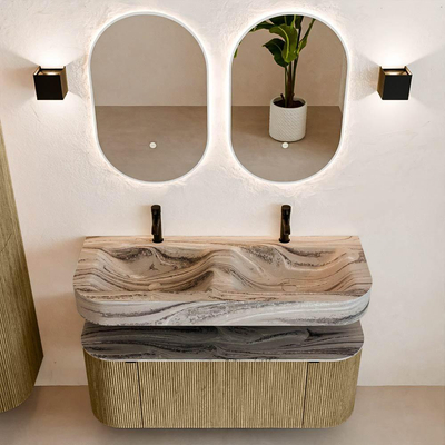 MONDIAZ THOR-DLUX 120cm badmeubel ronding links + rechts kleur Dusk met 1 lade en 2 deuren. Vrijhangende wastafel CLOUD Dubbel 2 kraangaten kleur Sombra.