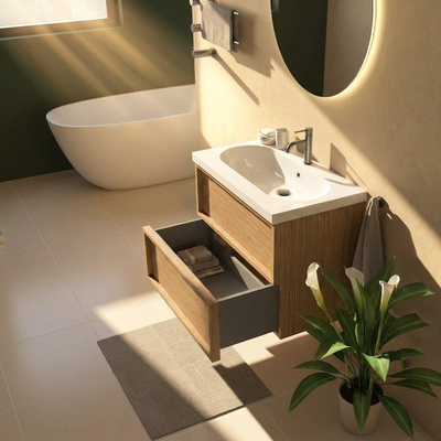 Saniclass Holz Frame Ensemble de meubles de salle de bains - 80x45x63.5cm - lavabo en céramique Palermo blanc - 1 vasque - 1 trou de robinetterie - 2 tiroirs - chêne natural mat (bois)