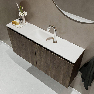 MONDIAZ TURE Fonteinset - 100x23x50cm - 1 kraangat - 2 deuren - dark brown mat - Wasbak midden - Solid Surface Wit