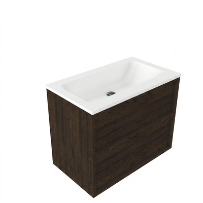 Saniclass Holz Frame Ensemble meuble de salle de bains - 80x45x77.5cm - lavabo Torino en solid surface blanc - sans trou de robinetterie - 2 tiroirs - chêne charcoal mat (bois)
