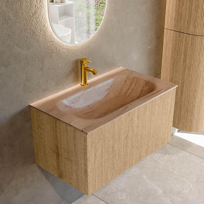 MONDIAZ KURVE-DLUX 80cm badmeubel kleur Oak met 1 lade en 0 deuren. Wastafel BIG SMALL Midden 1 kraangat Saba.