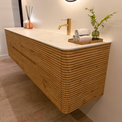 Mondiaz CIRO-DLUX Meuble de salle de bains complet - 190x45x50cm - Plan vasque solid surface Opalo - 1 lavabo à droite - 1 trou de robinet - 4 tiroirs - Chêne