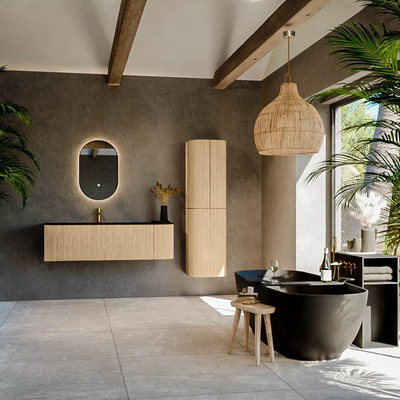 MONDIAZ KURVE 145cm Meuble salle de bain avec module 25 D - couleur Oak - 1 tiroir - 1 porte - vasque BIG LARGE gauche - 1 trou de robinet - Urban