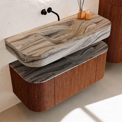 MONDIAZ THOR-DLUX Meuble de salle de bains 110cm arrondi gauche + droite couleur Ruby avec 1 tiroir et 2 portes. Vasque suspendue CLOUD Centre sans trou de robinet couleur Sombra.