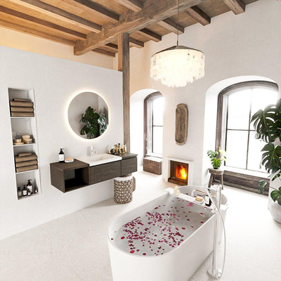 MONDIAZ BUKLA meuble de salle de bain 140cm avec module ouvert 40 à gauche couleur Marron Foncé avec 2 tiroirs. Lavabo CLOUD centre 1 trou de robinet couleur Talc.