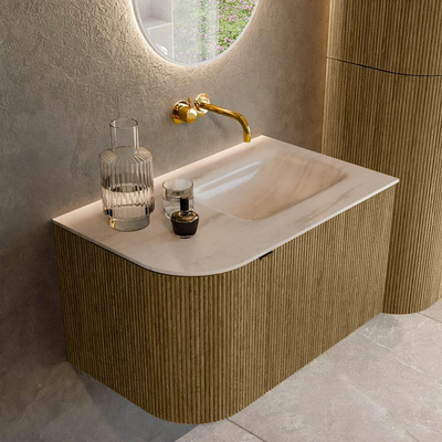 MONDIAZ KURVE-DLUX Meuble de salle de bains 75cm arrondi à gauche couleur Dusk avec 1 tiroir et 1 porte. Lavabo GRUNNE à droite sans trou de robinet Meli.
