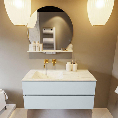 Mondiaz VICA-DLUX ensemble de meuble de salle de bain - 110cm - meuble sous-vasque argile - 2 tiroirs - lavabo encastré nuage gauche - sans trous de robinet - miroir modèle spot - version XL 60cm de haut - opalo