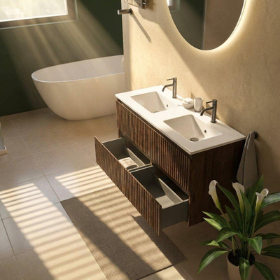 Saniclass Holz Atelier Ensemble de meubles de salle de bains - 120x45x62cm - lavabo Vygo en céramique blanc - 2 vasques - 2 trous de robinet - 2 tiroirs - chêne charcoal mat (bois)