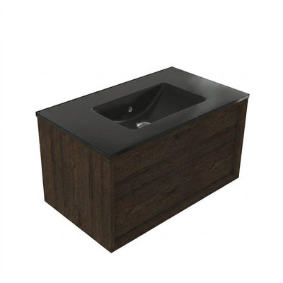 Saniclass Holz Frame Ensemble de meuble de salle de bains - 80x45x42cm - lavabo Vygo en céramique noir - 1 vasque - sans trou de robinet - 1 tiroir - chêne charcoal mat (bois)