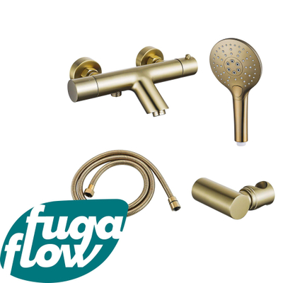 FugaFlow Eccelente Sobrado Robinet de baignoire thermostatique avec douchette ronde, support et flexible métal Laiton brossé PVD