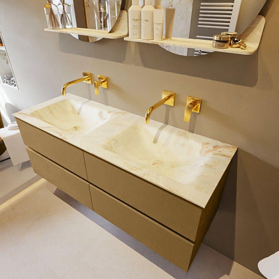 Mondiaz VICA-DLUX ensemble de meuble de salle de bain - 130cm - meuble sous-vasque oro - 4 tiroirs - lavabo encastré cloud double - sans trous de robinet - version haute de 60cm - frape