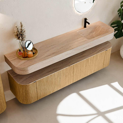 MONDIAZ THOR-DLUX 190cm badmeubel ronding links + rechts kleur Oak met 2 lades en 2 deuren. Vrijhangende wastafel CLOUD Rechts 1 kraangat kleur Saba.