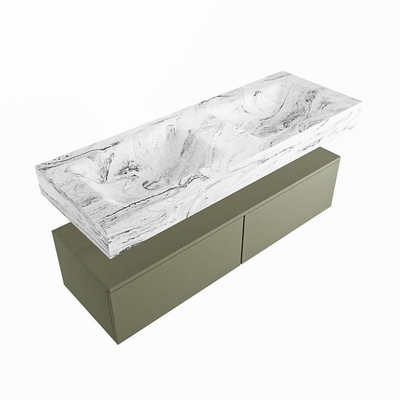 Mondiaz ALAN-DLUX Ensemble de meuble - 130cm - meuble Army mat - 2 tiroirs - Lavabo Cloud Glace suspendu - vasque Gauche et droite - 2 trous de robinet