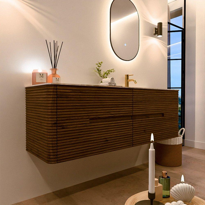 Mondiaz CIRO-DLUX Badkamermeubelset - 150x45x50cm - Solid surface wastafel Frappe - 1 wasbak Rechts - 1 kraangat - 4 lades - Dusk