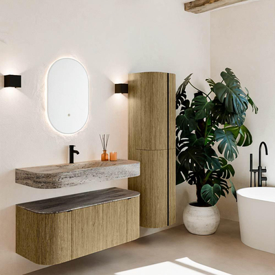 MONDIAZ THOR-DLUX 110cm meuble de salle de bains arrondi gauche + droite couleur Dusk avec 1 tiroir et 2 portes. Vasque suspendue CLOUD Milieu 1 trou de robinet couleur Oza.