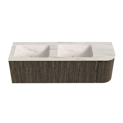 MONDIAZ KURVE-DLUX Meuble de salle de bains 145cm arrondi à droite couleur Shadow avec 1 tiroir et 1 porte. Lavabo LEAF Double / Gauche 2 trous de robinet Meli.