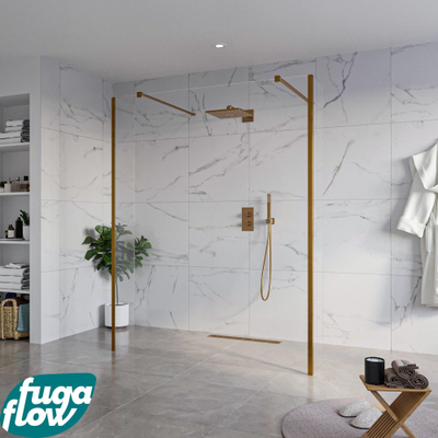 FugaFlow Eccelente Vetro Douche à l'italienne libre - 160x200cm - Clair - anti-calcaire - verre de sécurité 8mm - 2 parois latérales 30cm - avec bras muraux et profils d'angle - Cuivre brossé -