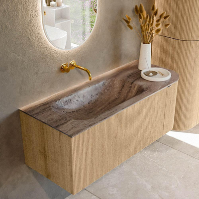 MONDIAZ KURVE-DLUX Meuble de salle de bains 115cm arrondi à droite couleur Chêne avec 1 tiroir et 1 porte. Lavabo BIG SMALL gauche sans trou de robinet Oza.