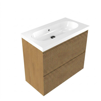 Saniclass Holz Atelier Ensemble de meubles de salle de bains - 80x45x63.5cm - Lavabo en céramique Palermo blanc - 1 vasque - 1 trou de robinetterie - 2 tiroirs - chêne naturel mat (bois)