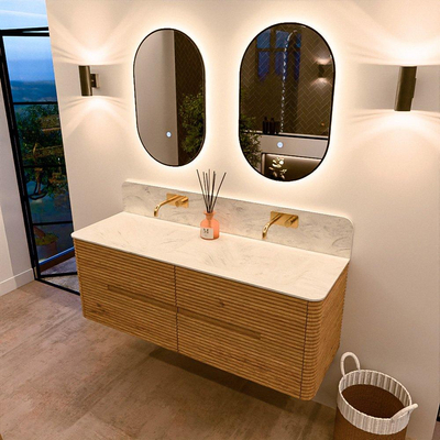 Mondiaz CIRO-DLUX Meuble de salle de bains - 140x45x50cm - plan-vasque Solid surface Opalo - 2 bacs Double - sans trous de robinetterie - 4 tiroirs - Chêne