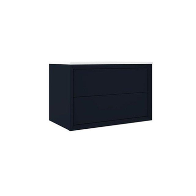 Adema Prime Core Ensemble de meuble - 80x50x45cm - 1 vasque ovale en céramique Blanc - 1 trous de robinet - 2 tiroirs - avec miroir rectangulaire - Bleu marine mat