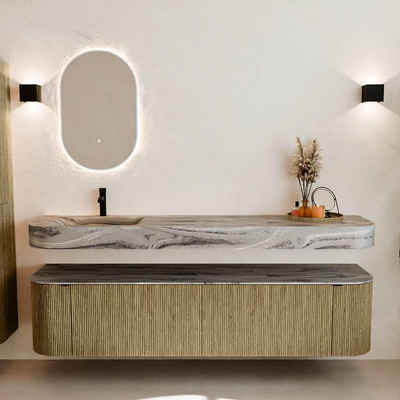 MONDIAZ THOR-DLUX Meuble de salle de bains 190cm arrondi gauche + droite couleur Dusk avec 2 tiroirs et 2 portes. Vasque suspendue CLOUD Gauche 1 trou de robinet couleur Sombra.