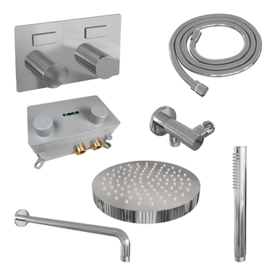 BRAUER Stripe Thermostatische Inbouw Regendouche - drukknoppen - SET 26 - 25cm douchekop - gebogen muurarm - staaf handdouche - doucheslang - wandaansluitbocht - chroom